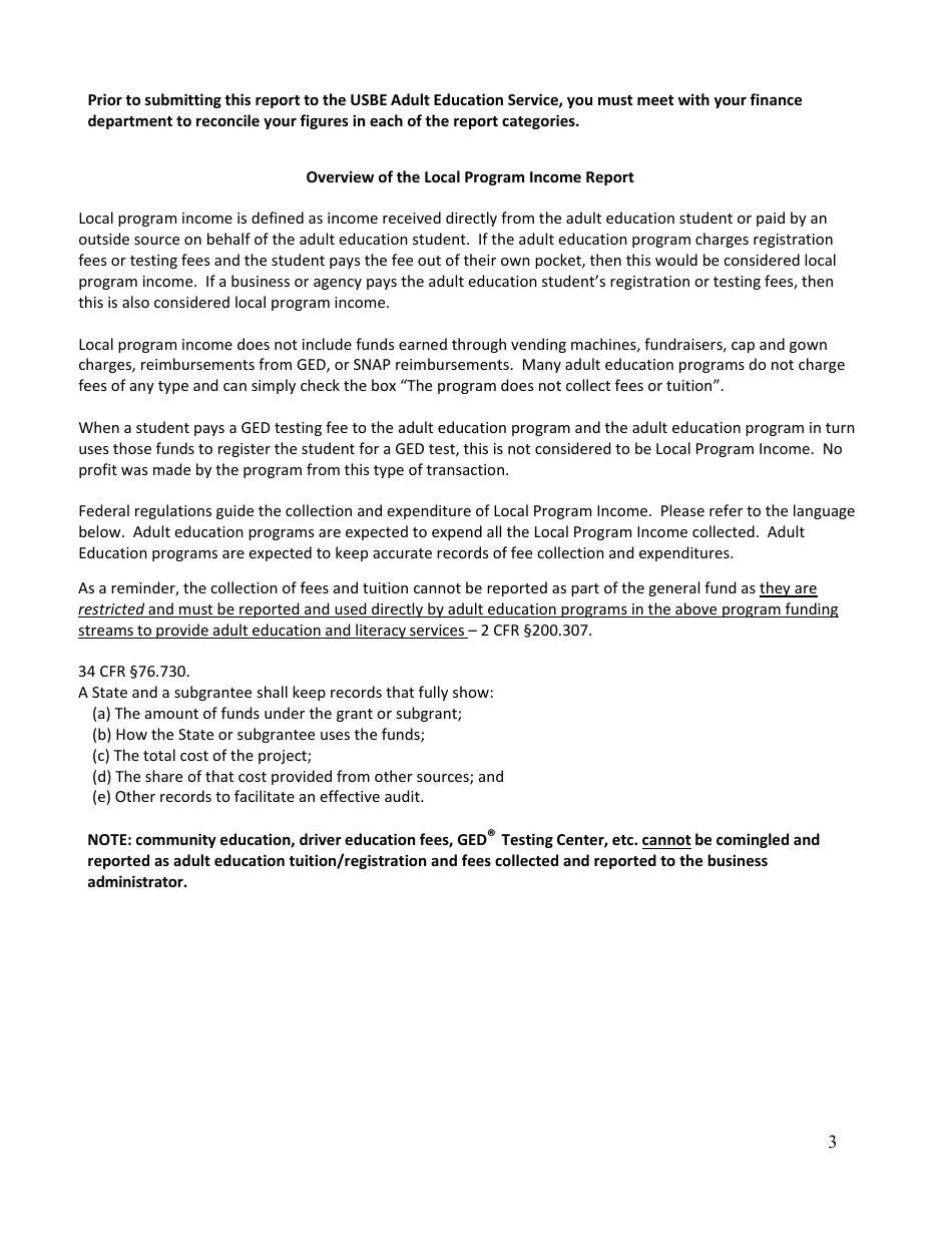 Fees and Tuition Collected in Support of Adult Education Programs Report - Utah, Page 3