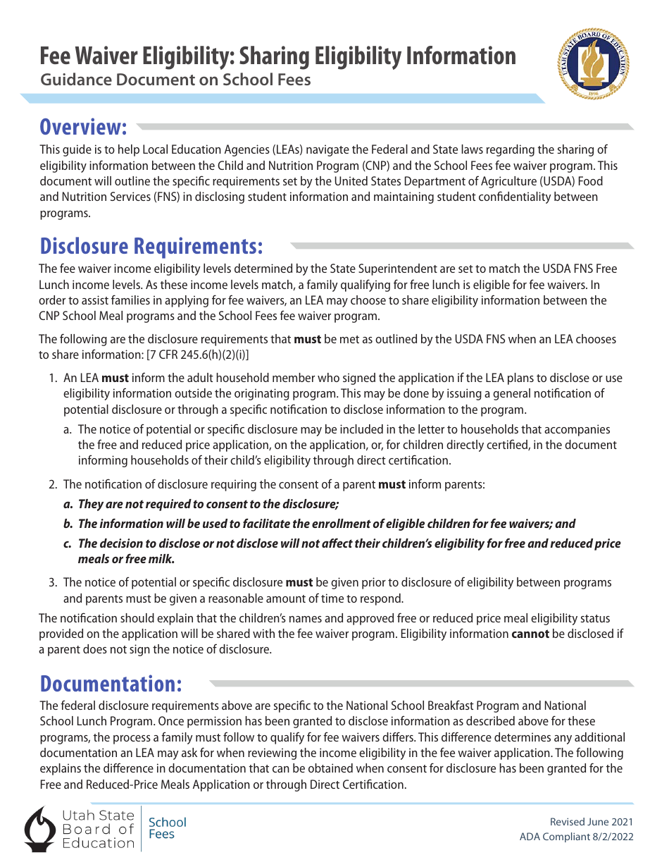 Utah Fee Waiver Eligibility Sharing Eligibility Information Fill Out