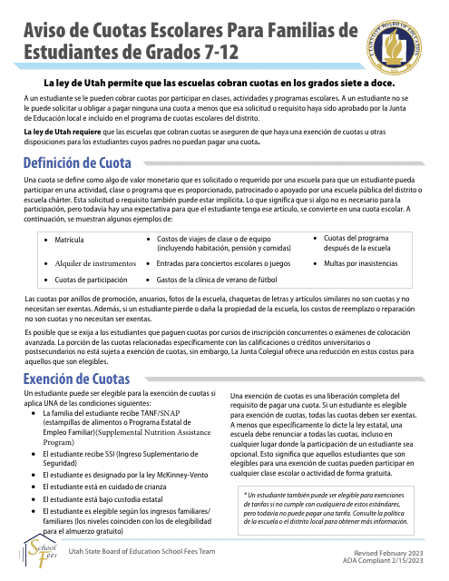 Aviso De Cuotas Escolares Para Familias De Estudiantes De Grados 7-12 - Utah (Spanish) Download Pdf