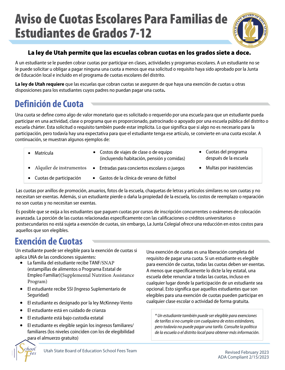Aviso De Cuotas Escolares Para Familias De Estudiantes De Grados 7-12 - Utah (Spanish), Page 1