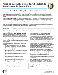 Aviso De Cuotas Escolares Para Familias De Estudiantes De Grados K-6 - Utah (Spanish)