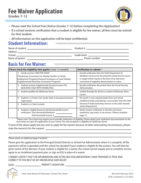 Fee Waiver Application - Grades 7-12 - Utah