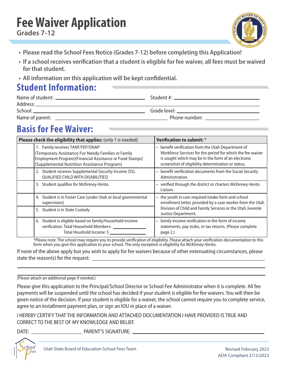 Fee Waiver Application - Grades 7-12 - Utah, Page 1