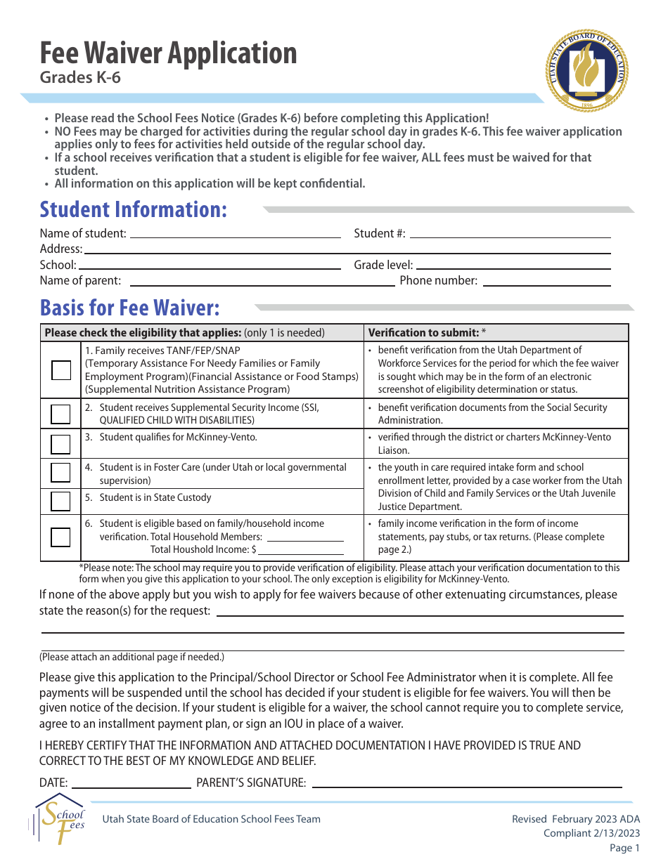 Utah Fee Waiver Application Grades K6 Fill Out, Sign Online and