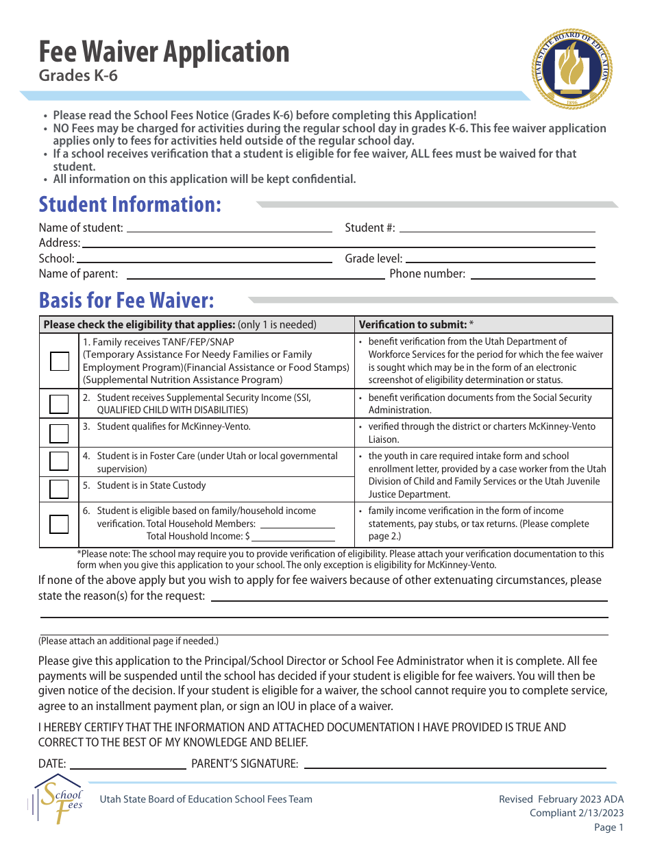 Fee Waiver Application - Grades K-6 - Utah, Page 1