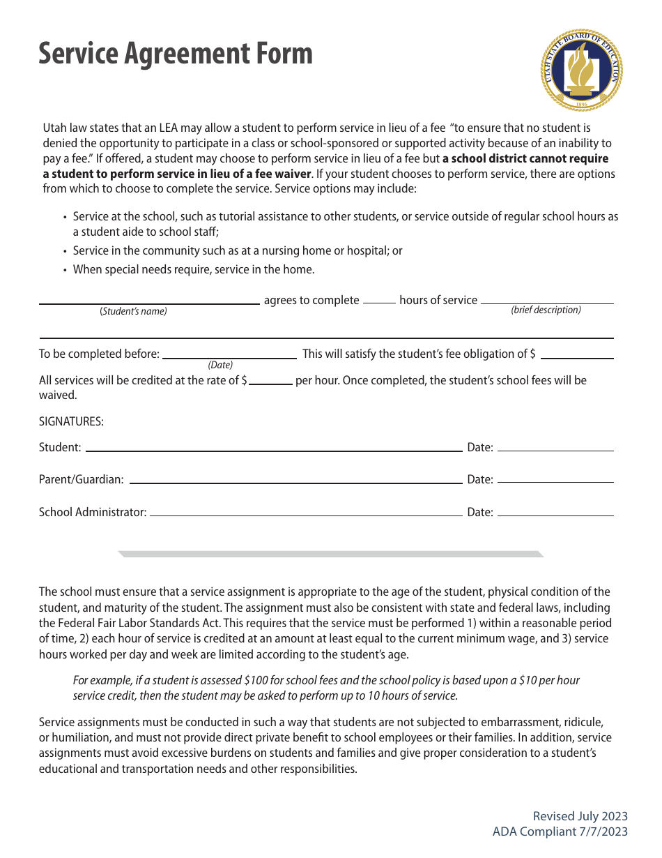 Service Agreement Form - Utah, Page 1