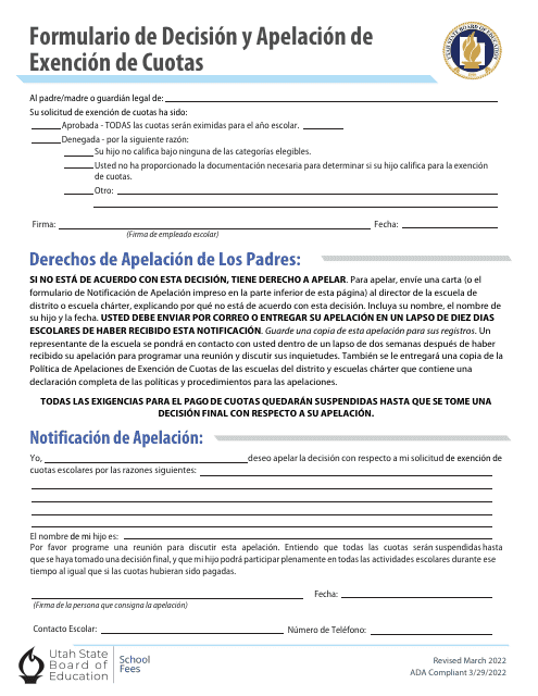 Formulario De Decision Y Apelacion De Exencion De Cuotas - Utah (Spanish)