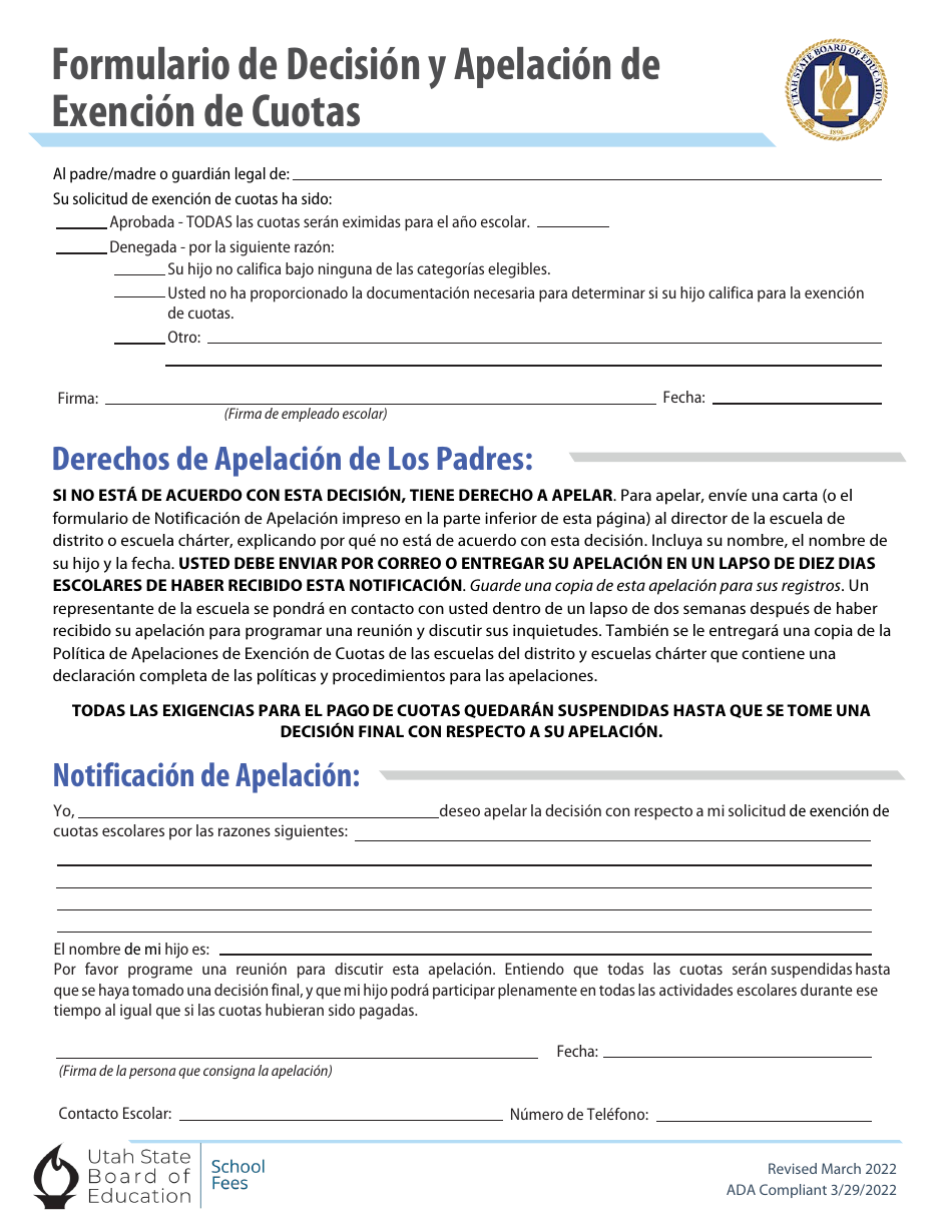 Formulario De Decision Y Apelacion De Exencion De Cuotas - Utah (Spanish), Page 1