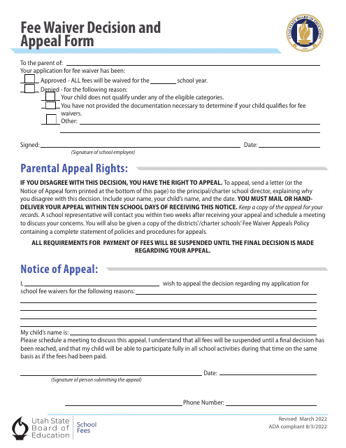 Fee Waiver Decision and Appeal Form - Utah Download Pdf