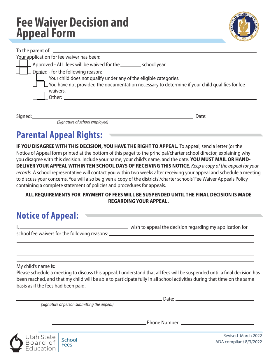 Fee Waiver Decision and Appeal Form - Utah, Page 1