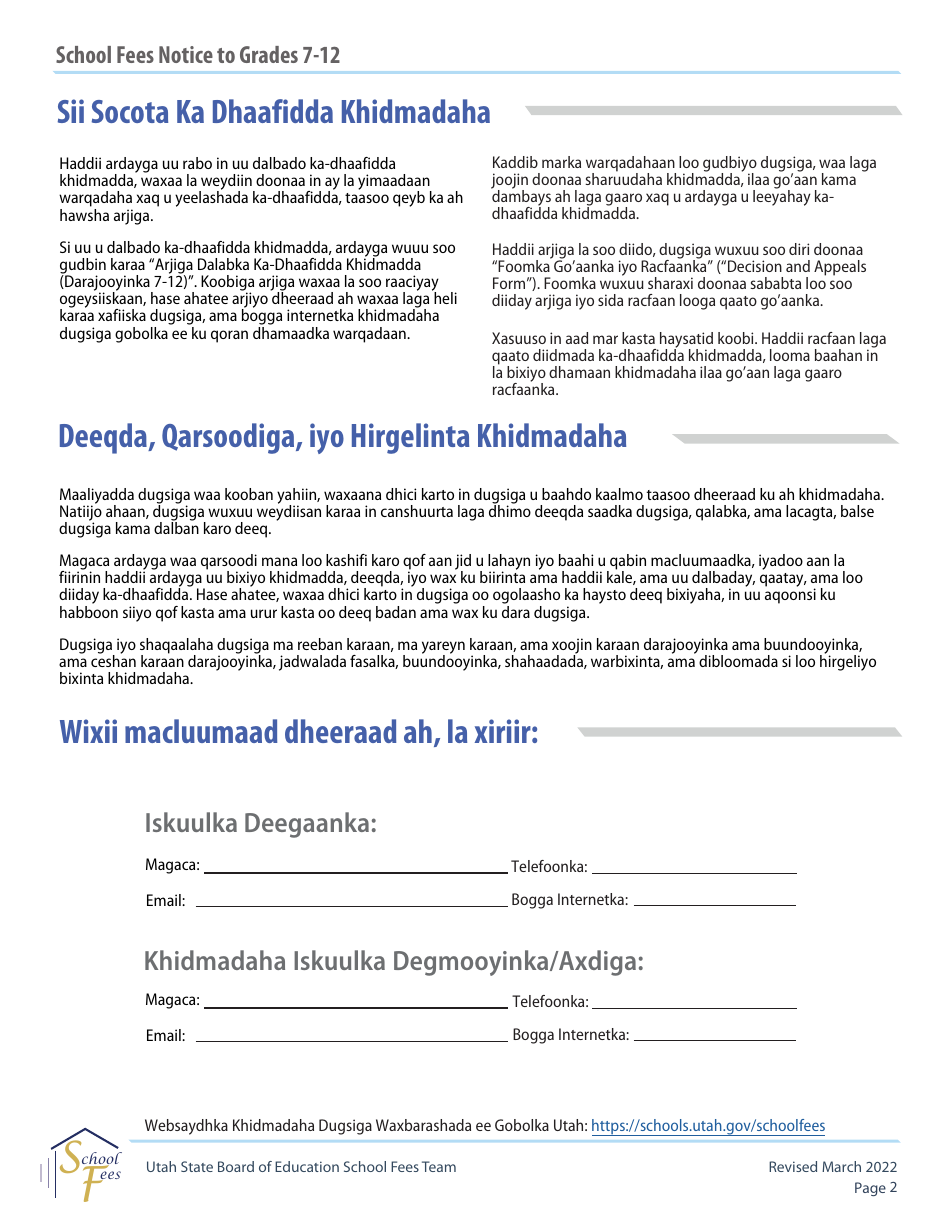 School Fees Notice for Families of Students in Grades 7-12 - Utah (Somali), Page 2