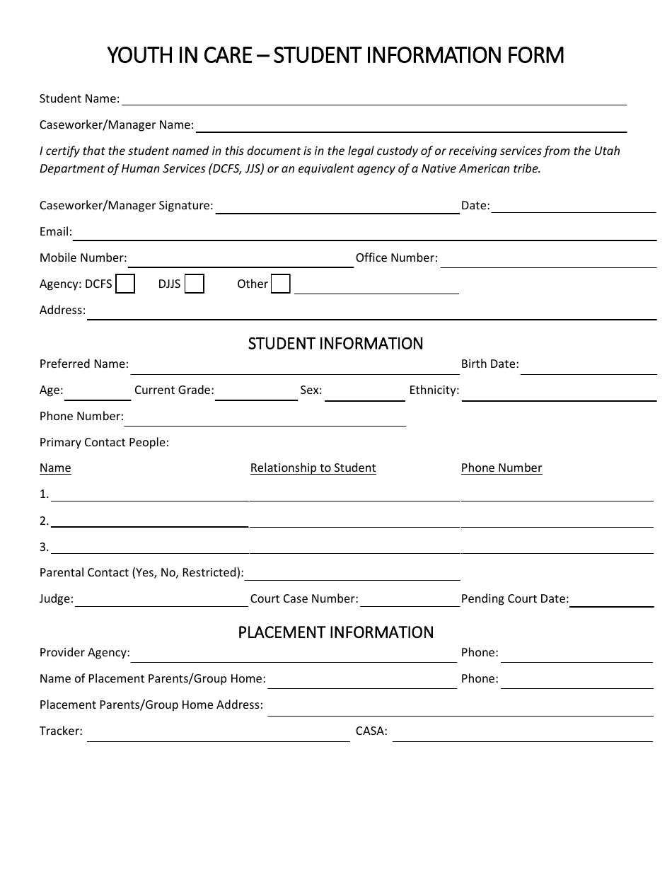 Youth in Care - Student Information Form - Utah, Page 1