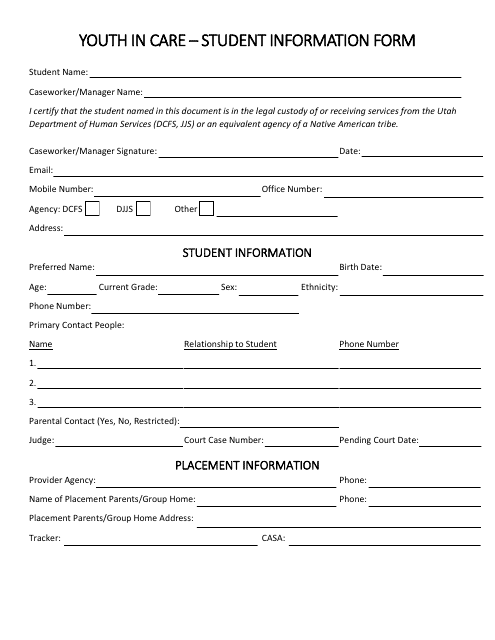 Youth in Care - Student Information Form - Utah Download Pdf