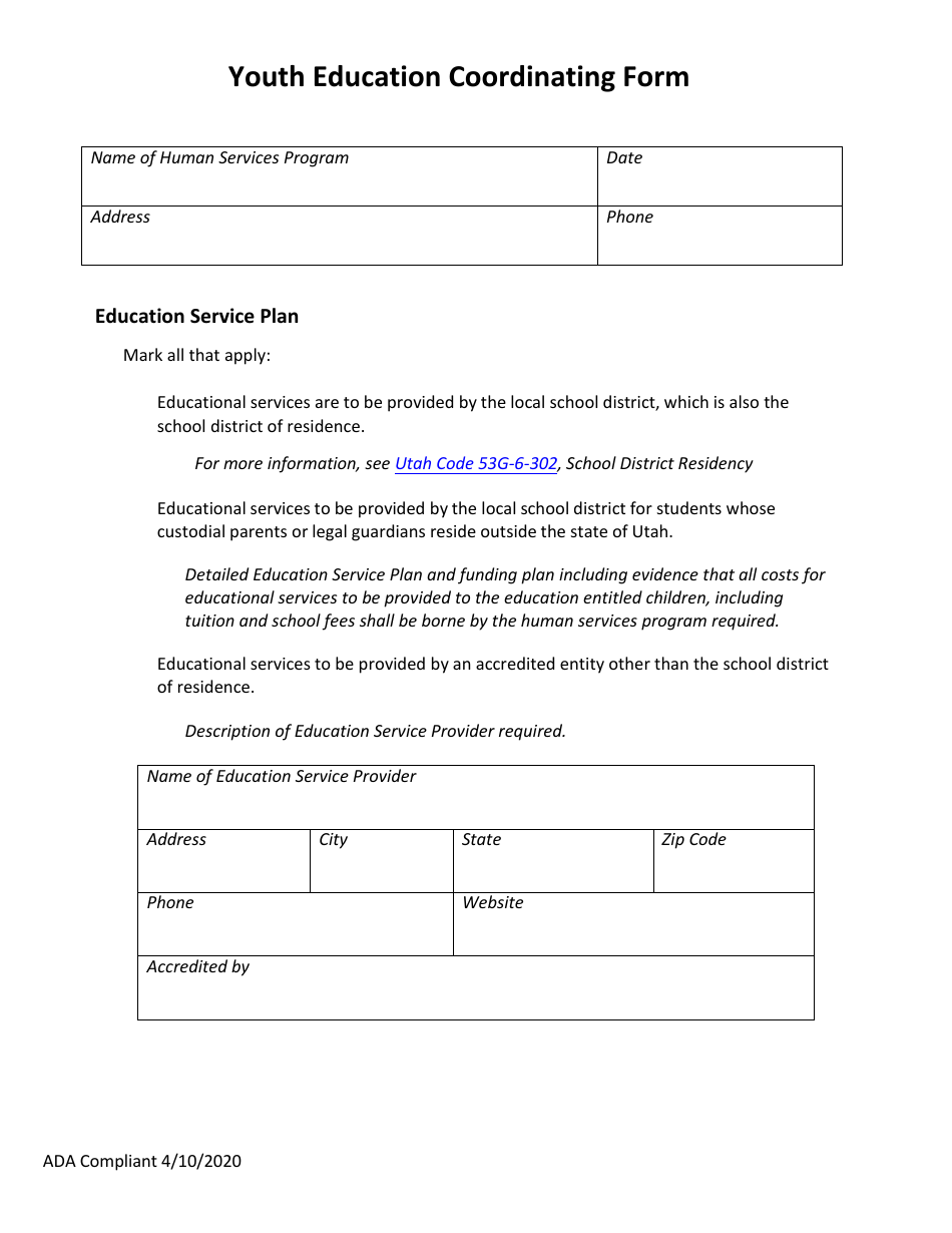 Youth Education Coordinating Form - Utah, Page 1