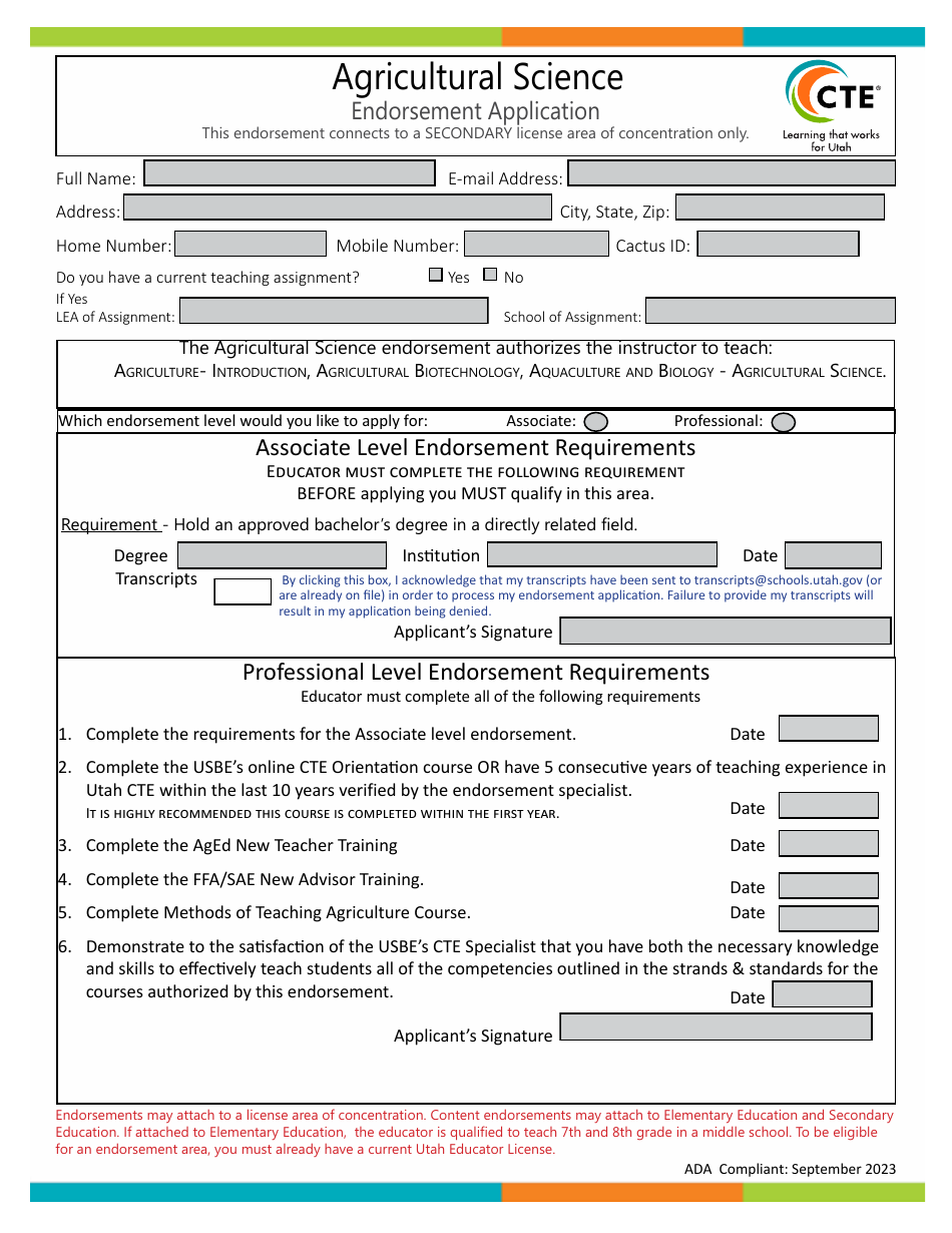 Agricultural Science Endorsement Application - Utah, Page 1