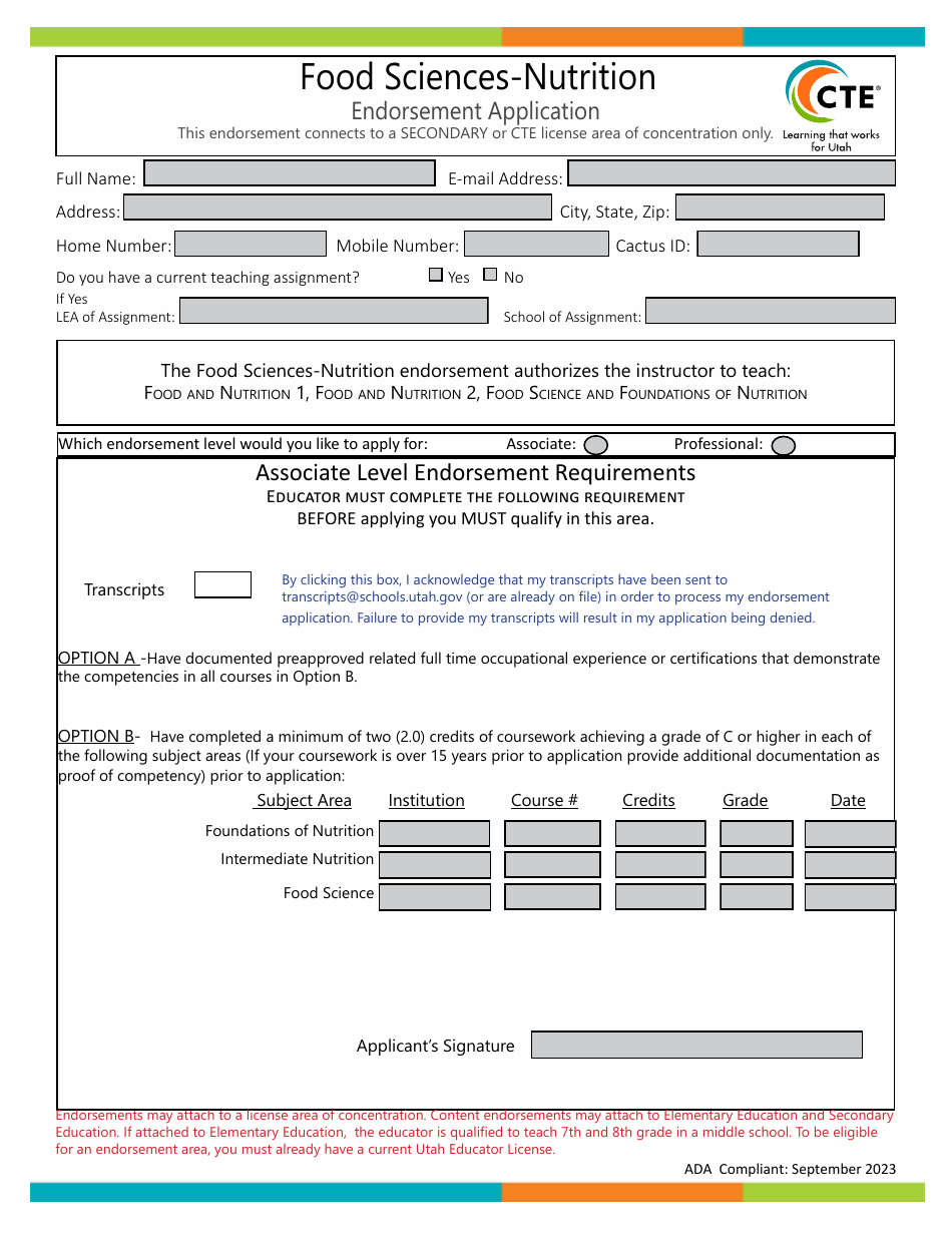 Food Sciences-Nutrition Endorsement Application - Utah, Page 1