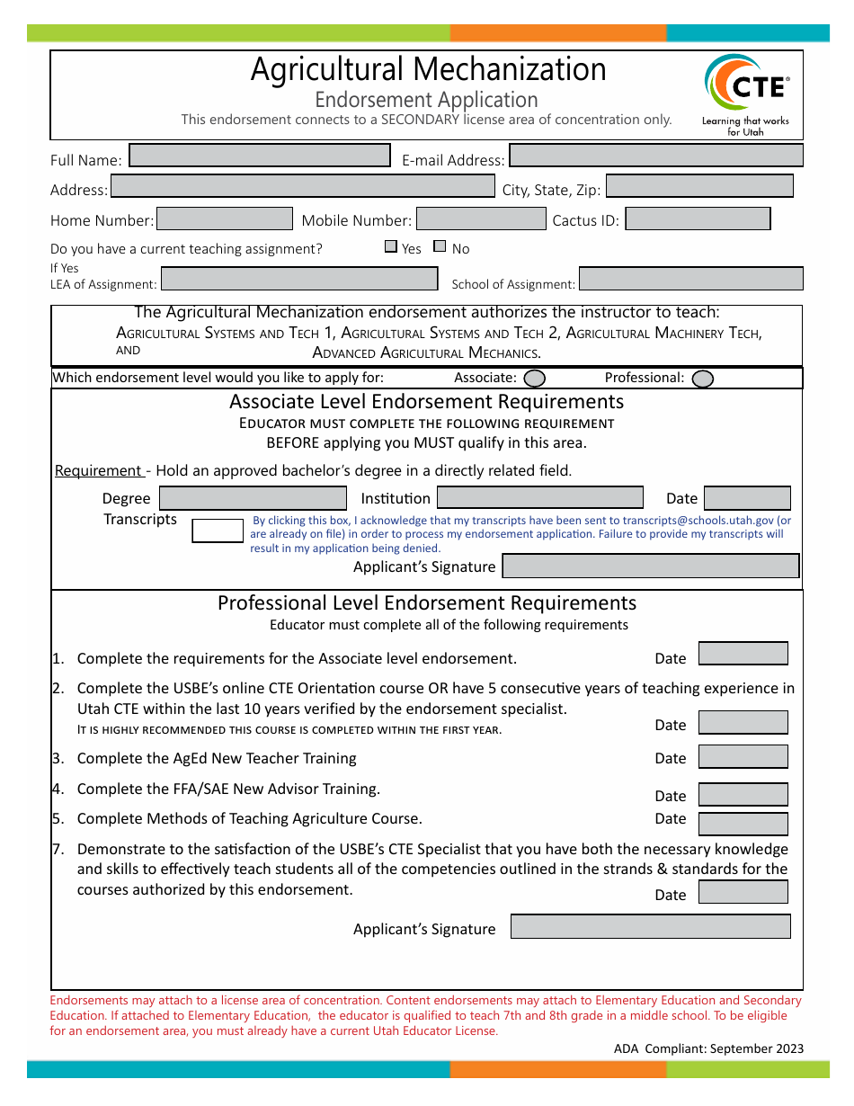 Agricultural Mechanization Endorsement Application - Utah, Page 1