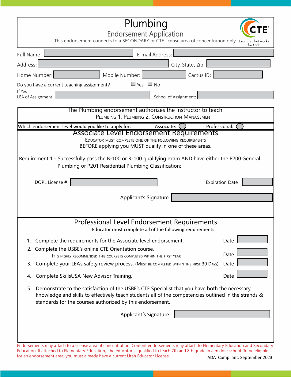 Plumbing Endorsement Application - Utah, Page 1