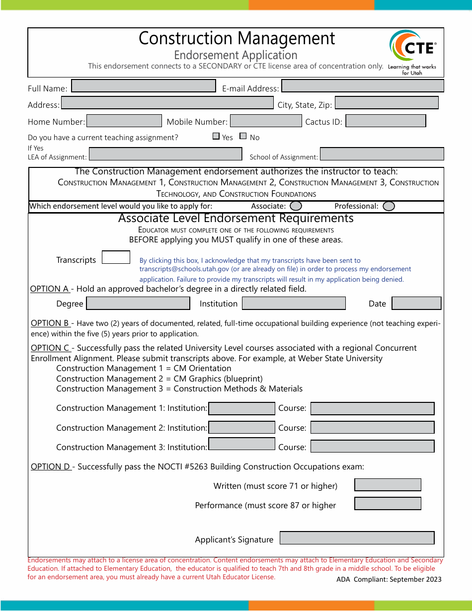 Construction Management Endorsement Application - Utah, Page 1