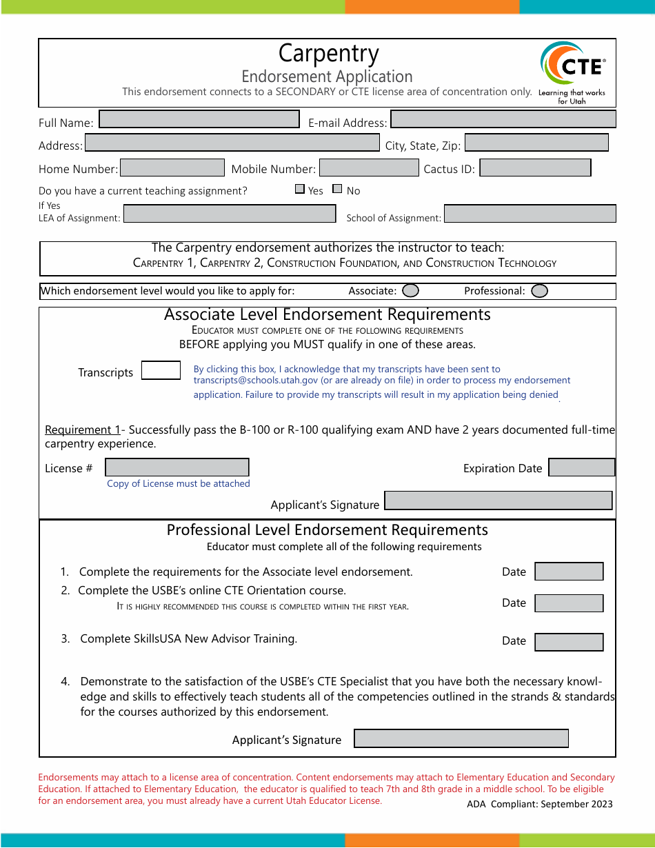 Carpentry Endorsement Application - Utah, Page 1