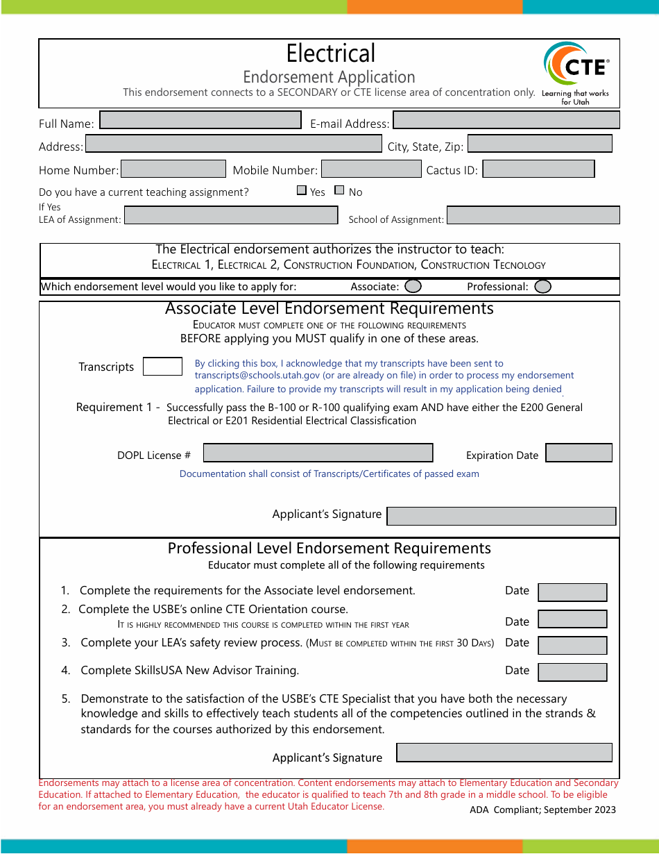 Electrical Endorsement Application - Utah, Page 1