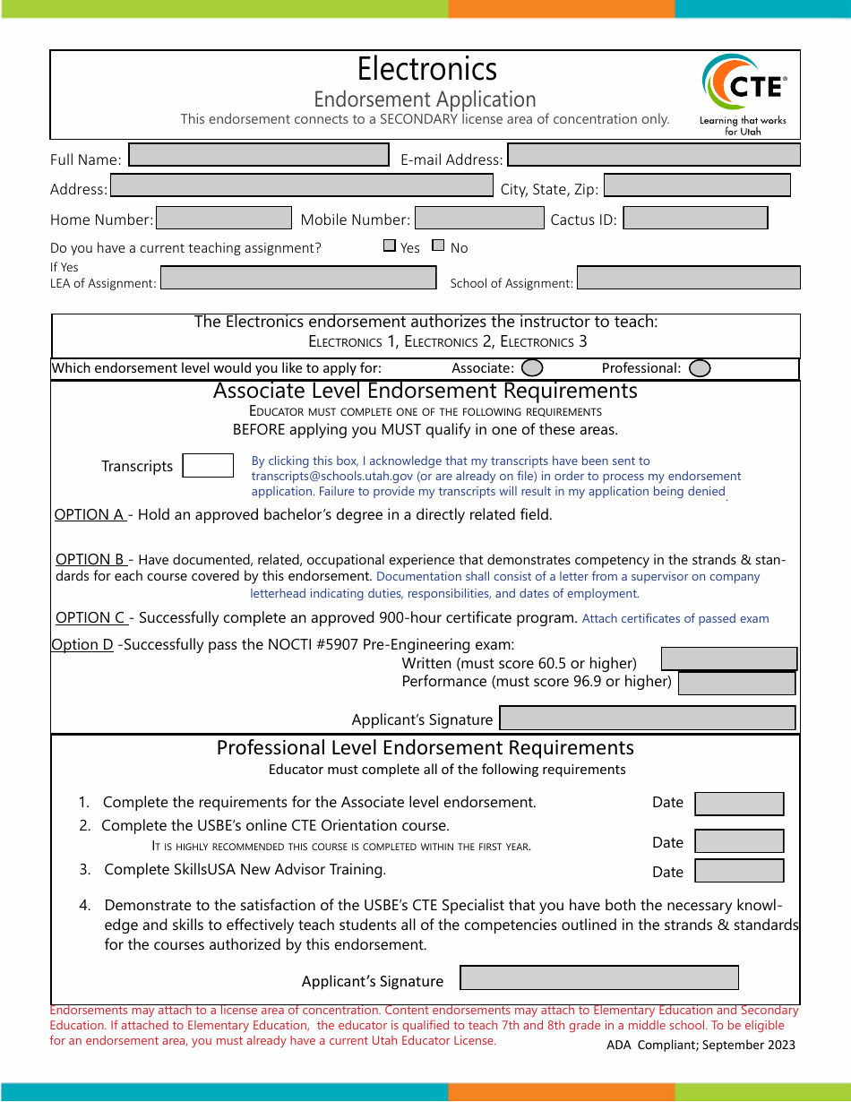 Electronics Endorsement Application - Utah, Page 1