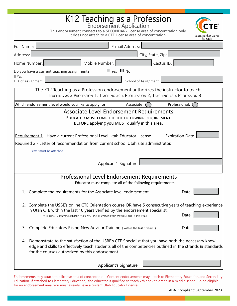 K12 Teaching as a Profession Endorsement Application - Utah, Page 1