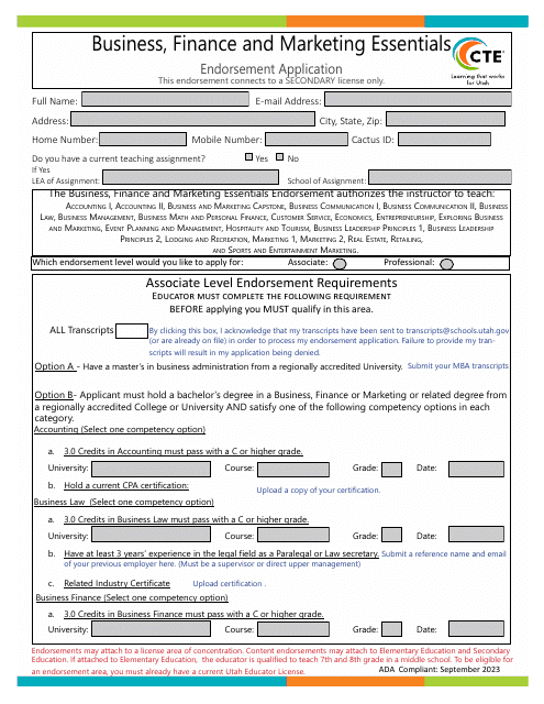 Business, Finance and Marketing Essentials Endorsement Application - Utah Download Pdf