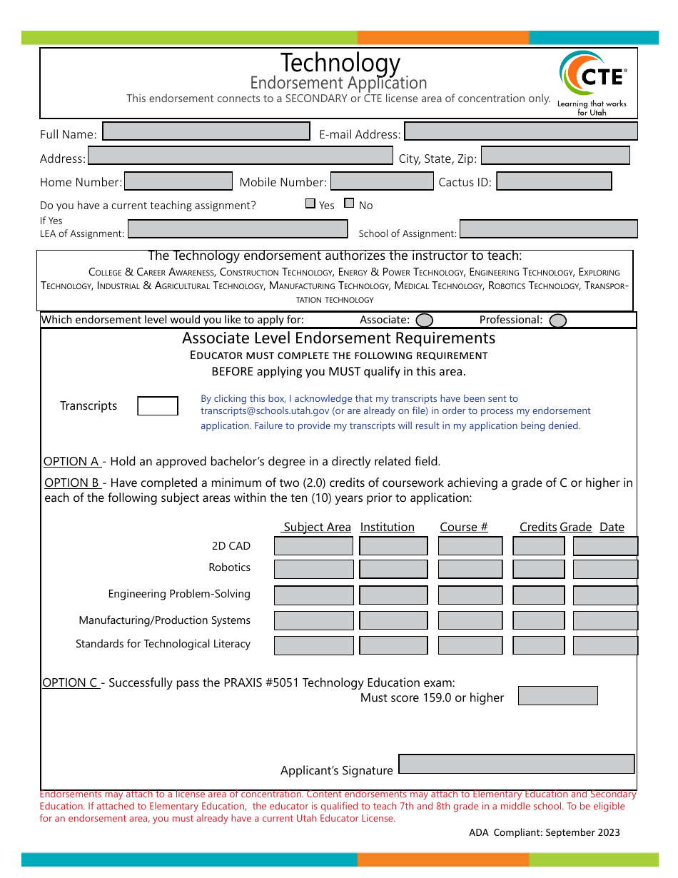 Technology Endorsement Application - Utah, Page 1