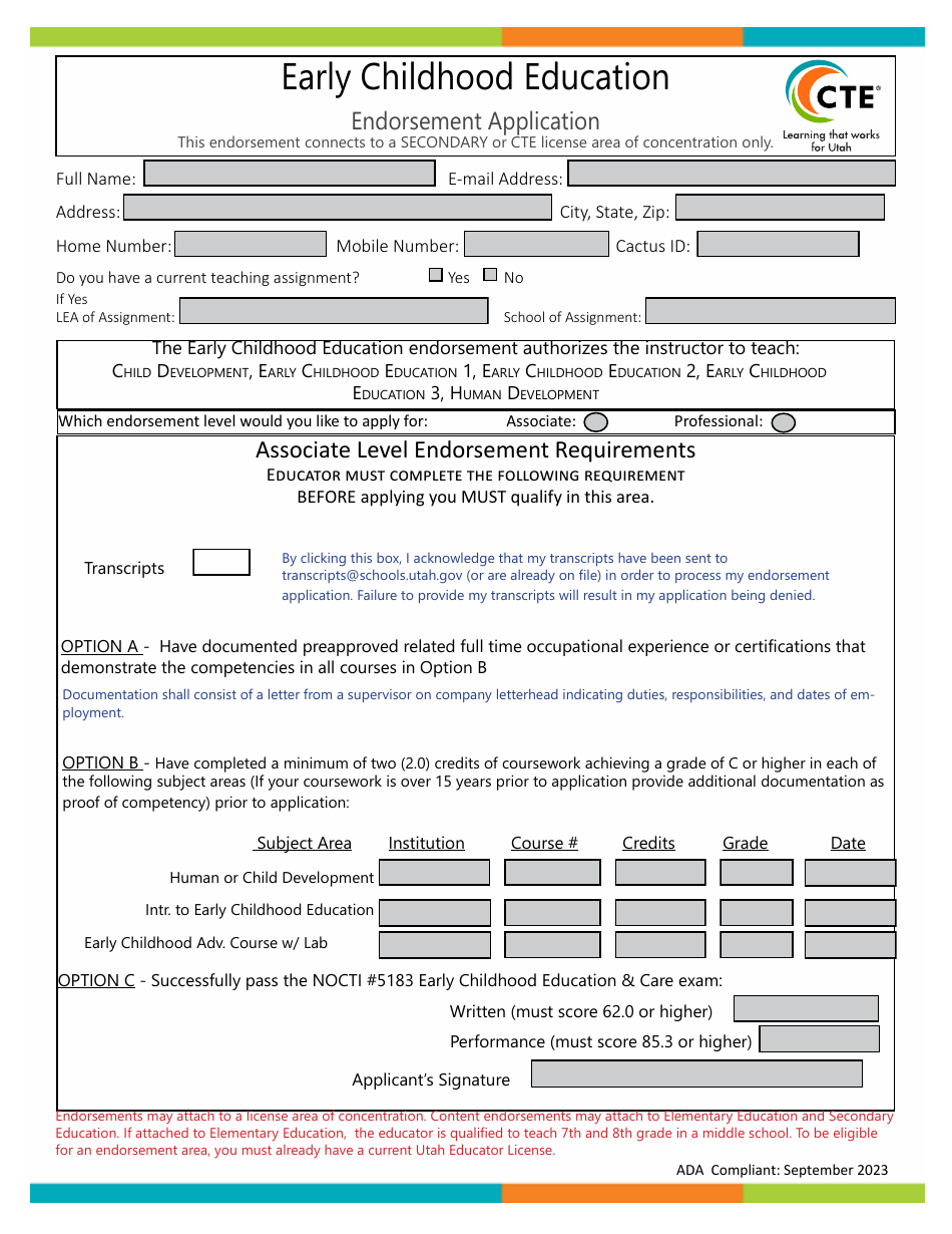 Utah Early Childhood Education Endorsement Application Fill Out, Sign