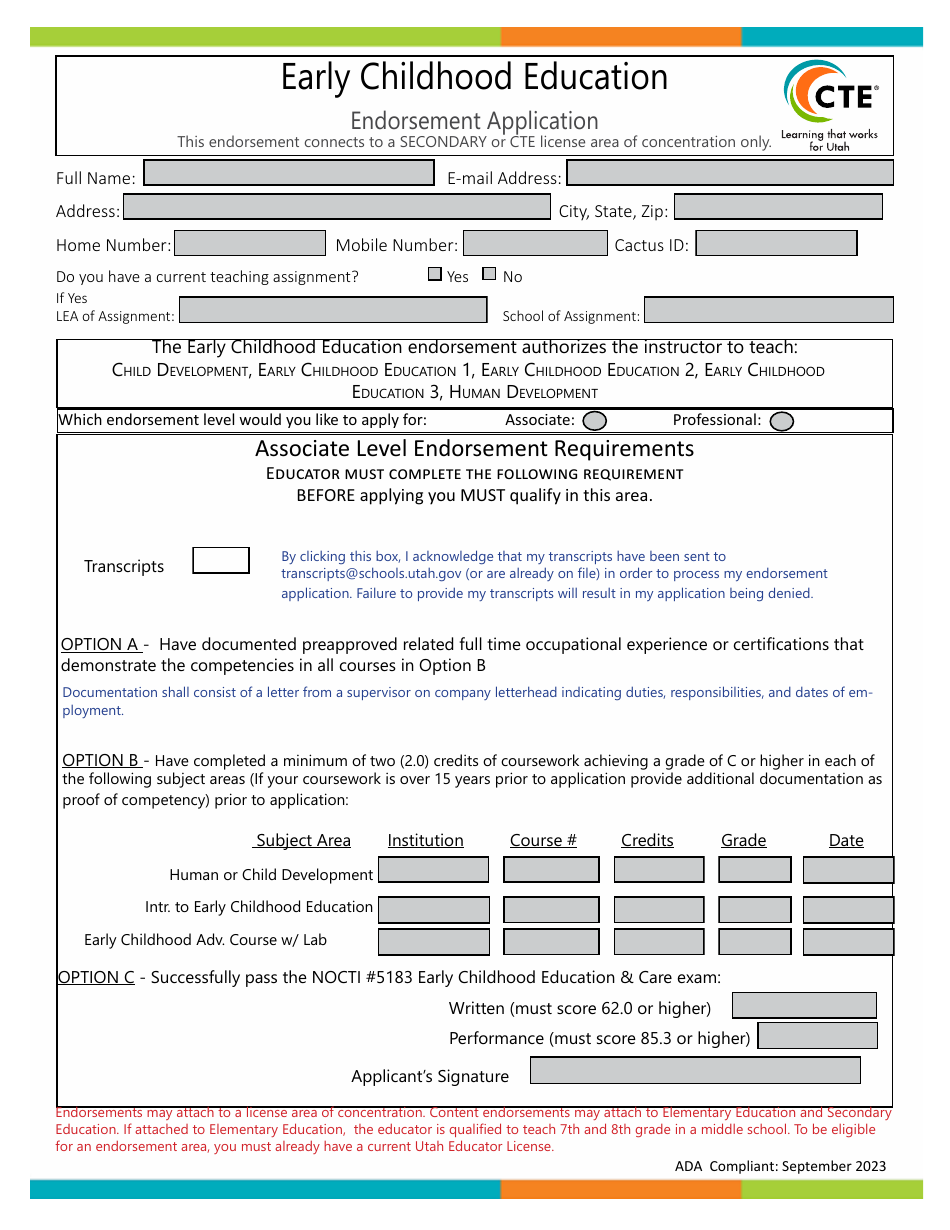 Early Childhood Education Endorsement Application - Utah, Page 1