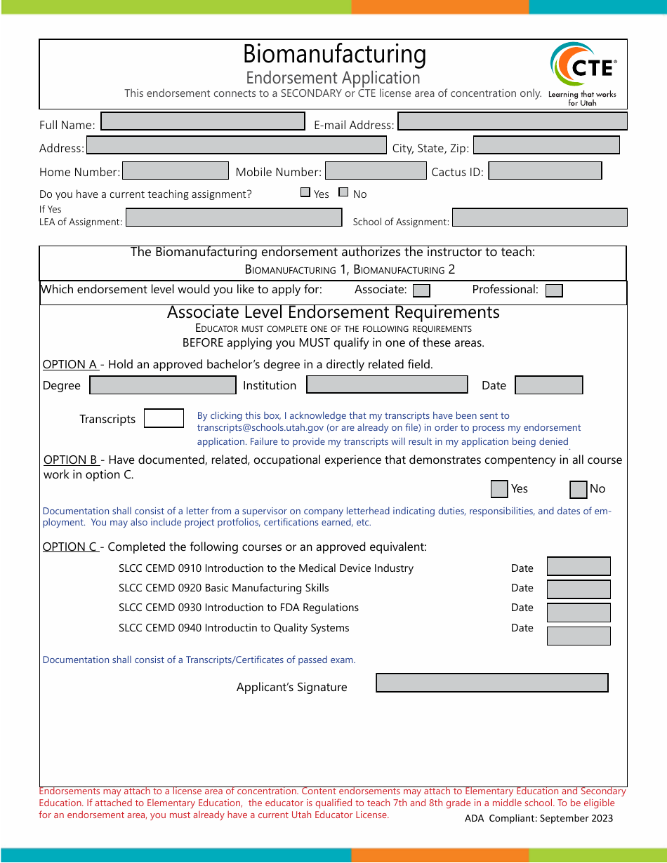 Biomanufacturing Endorsement Application - Utah, Page 1