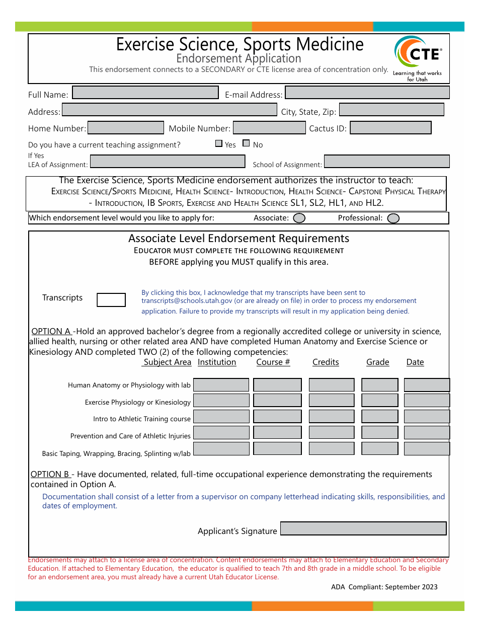 Exercise Science, Sports Medicine Endorsement Application - Utah, Page 1