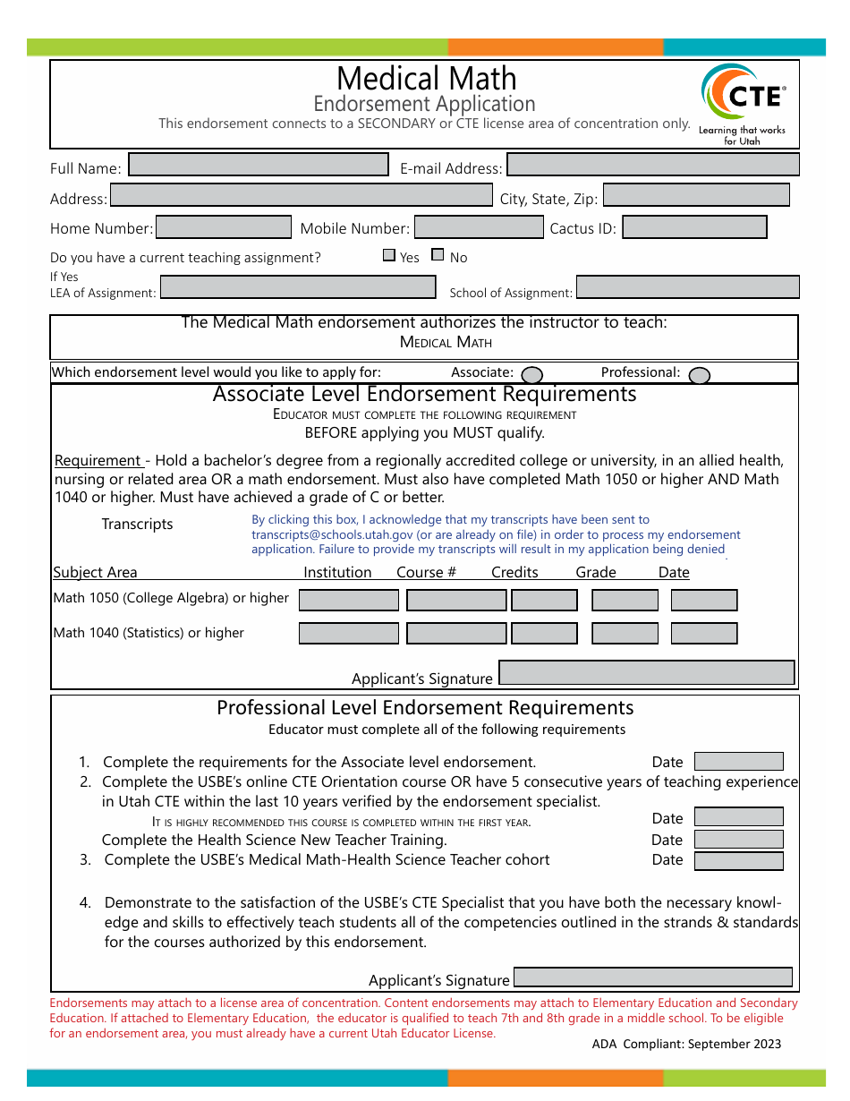Medical Math Endorsement Application - Utah, Page 1