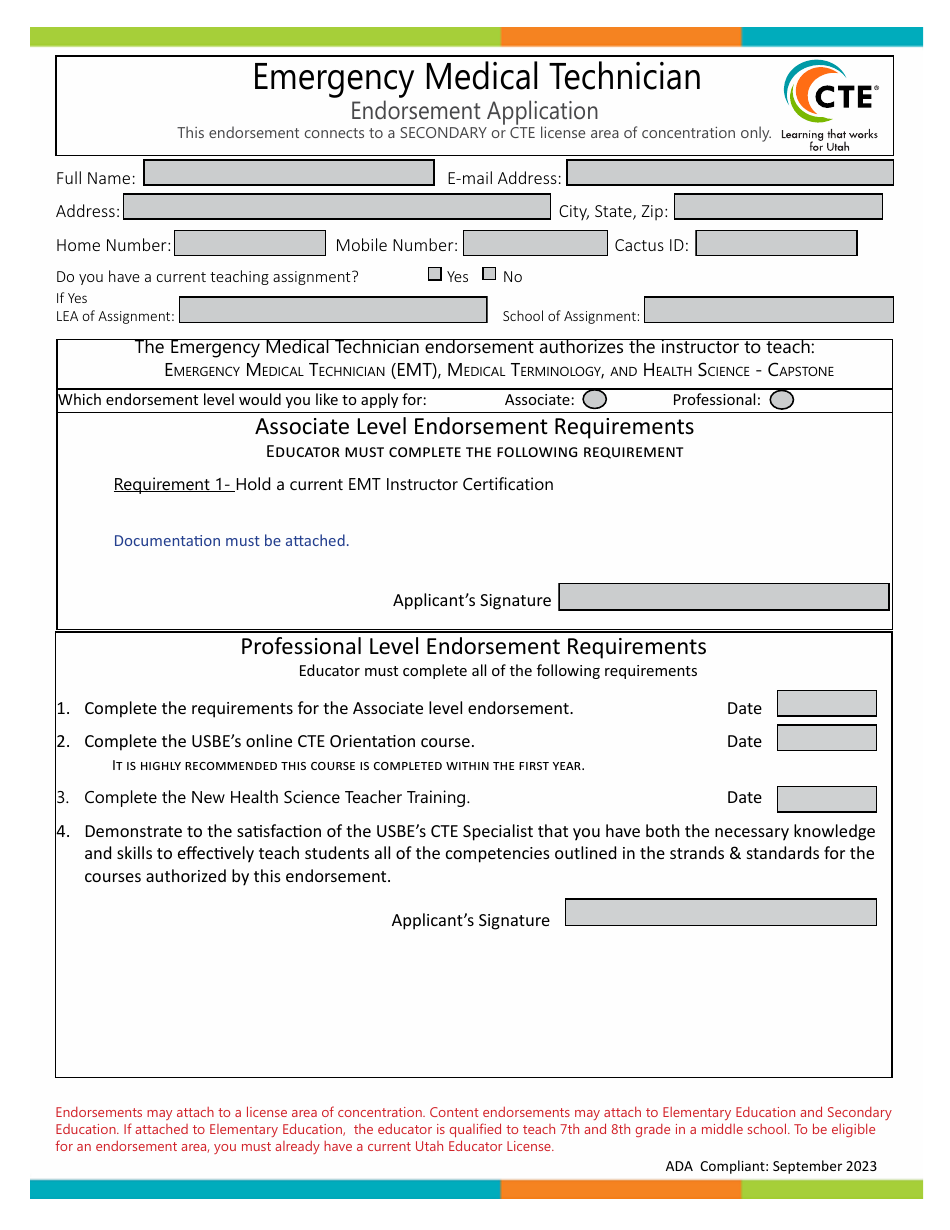 Emergency Medical Technician Endorsement Application - Utah, Page 1