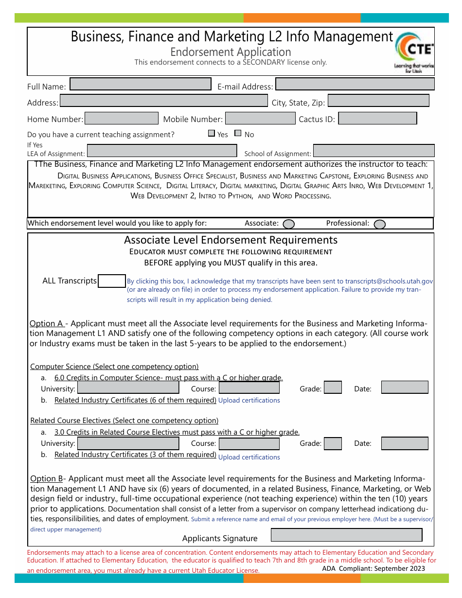 Business, Finance and Marketing L2 Info Management Endorsement Application - Utah, Page 1