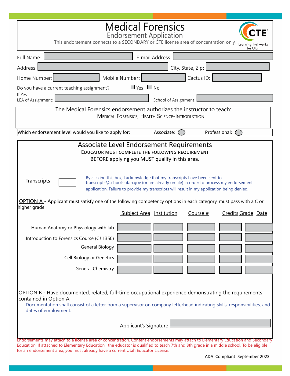 Medical Forensics Endorsement Application - Utah, Page 1