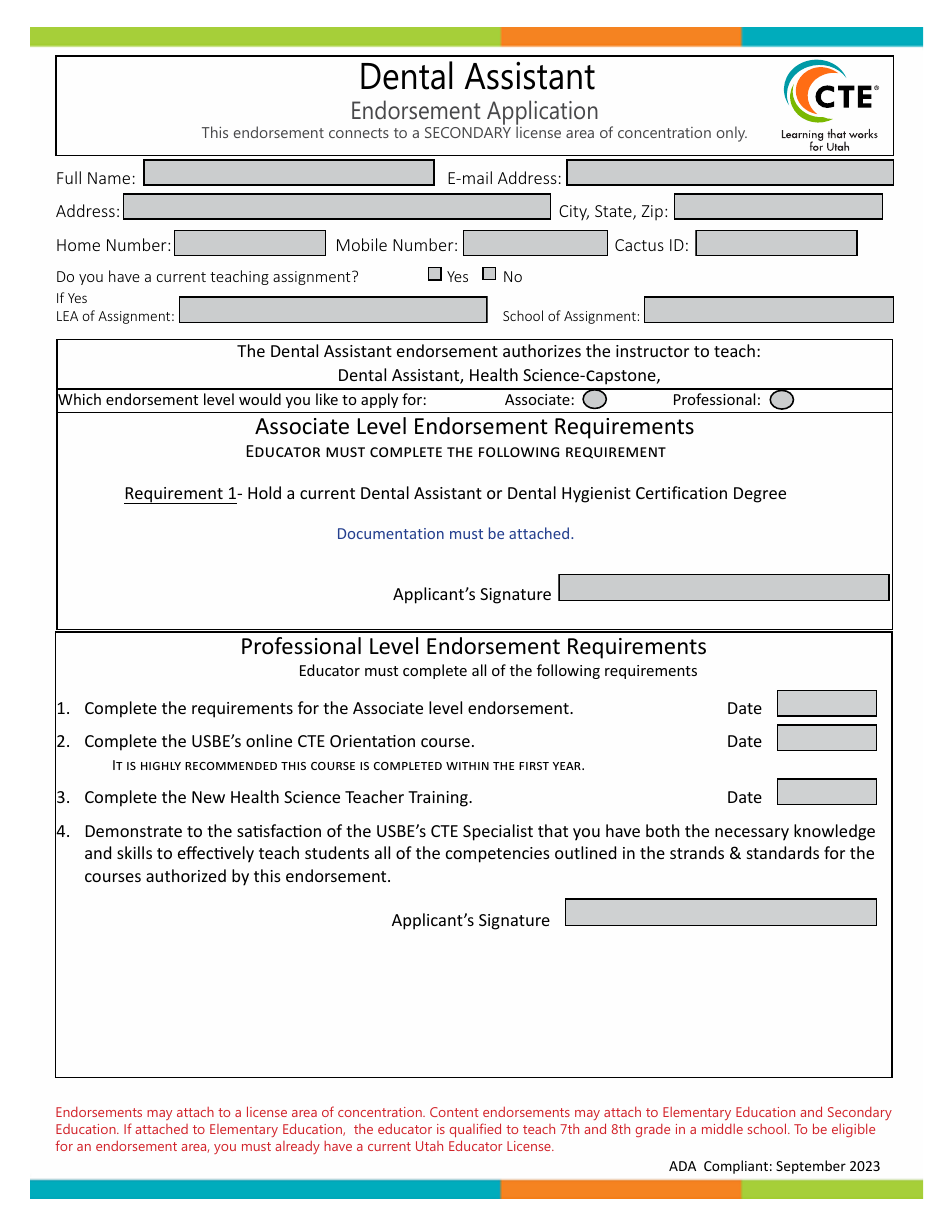 Utah Dental Assistant Endorsement Application Fill Out, Sign Online and Download PDF