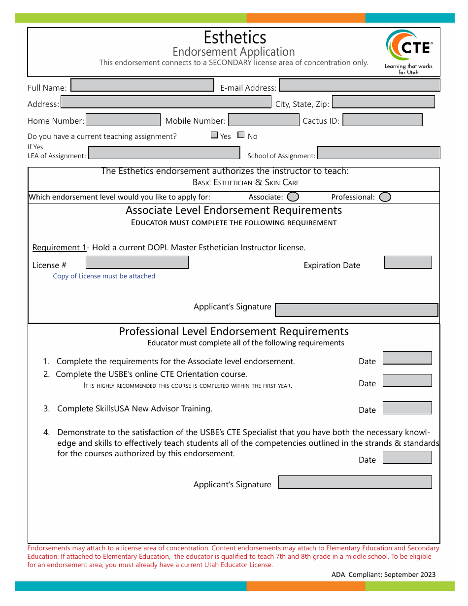 Esthetics Endorsement Application - Utah, Page 1