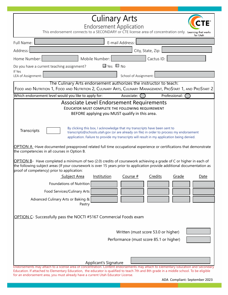 Culinary Arts Endorsement Application - Utah, Page 1