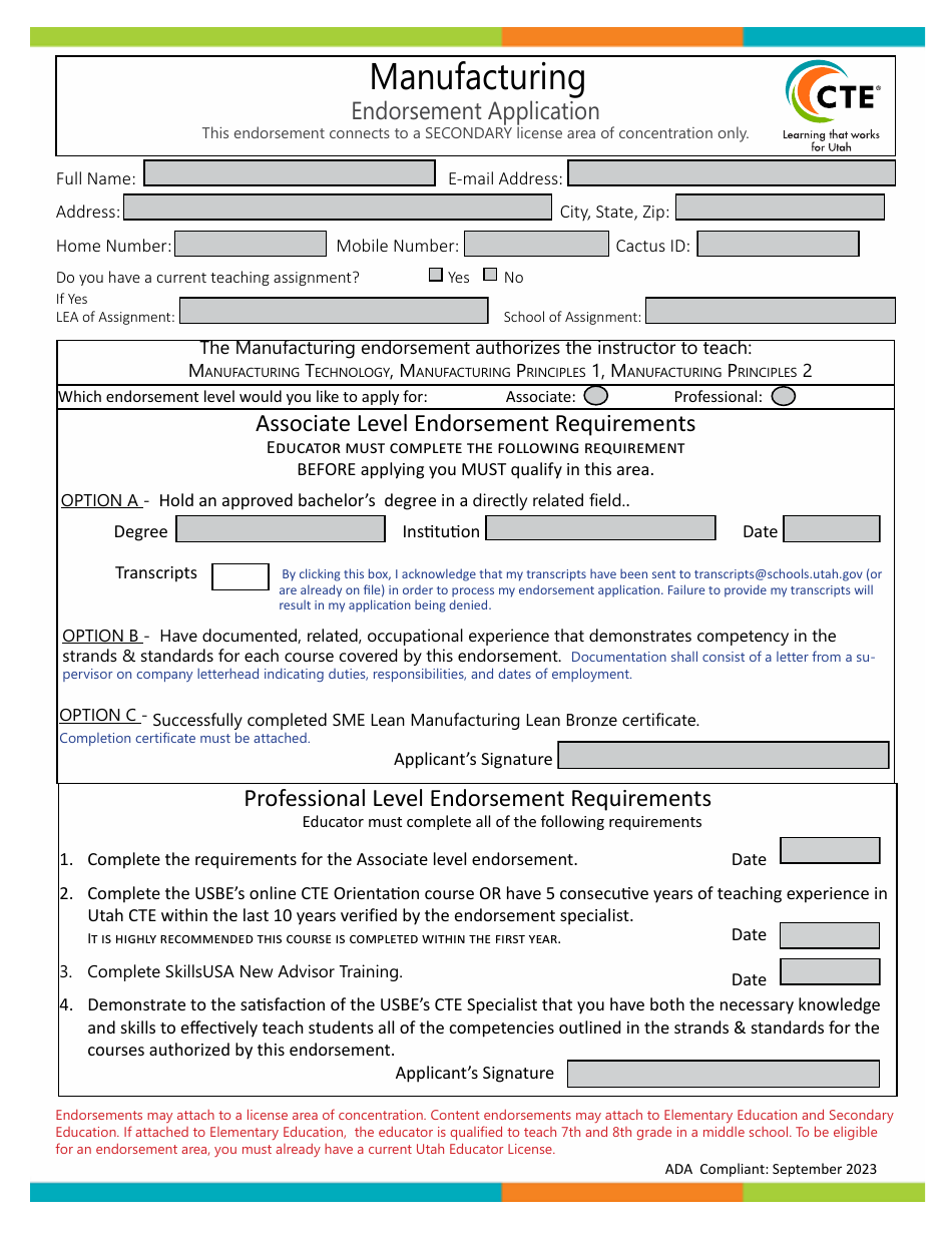 Manufacturing Endorsement Application - Utah, Page 1