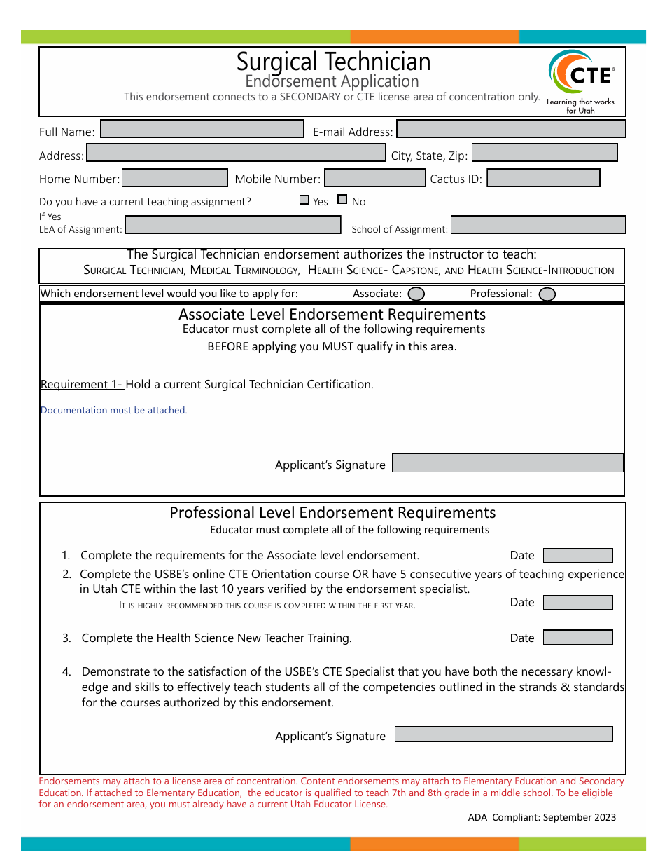 Surgical Technician Endorsement Application - Utah, Page 1