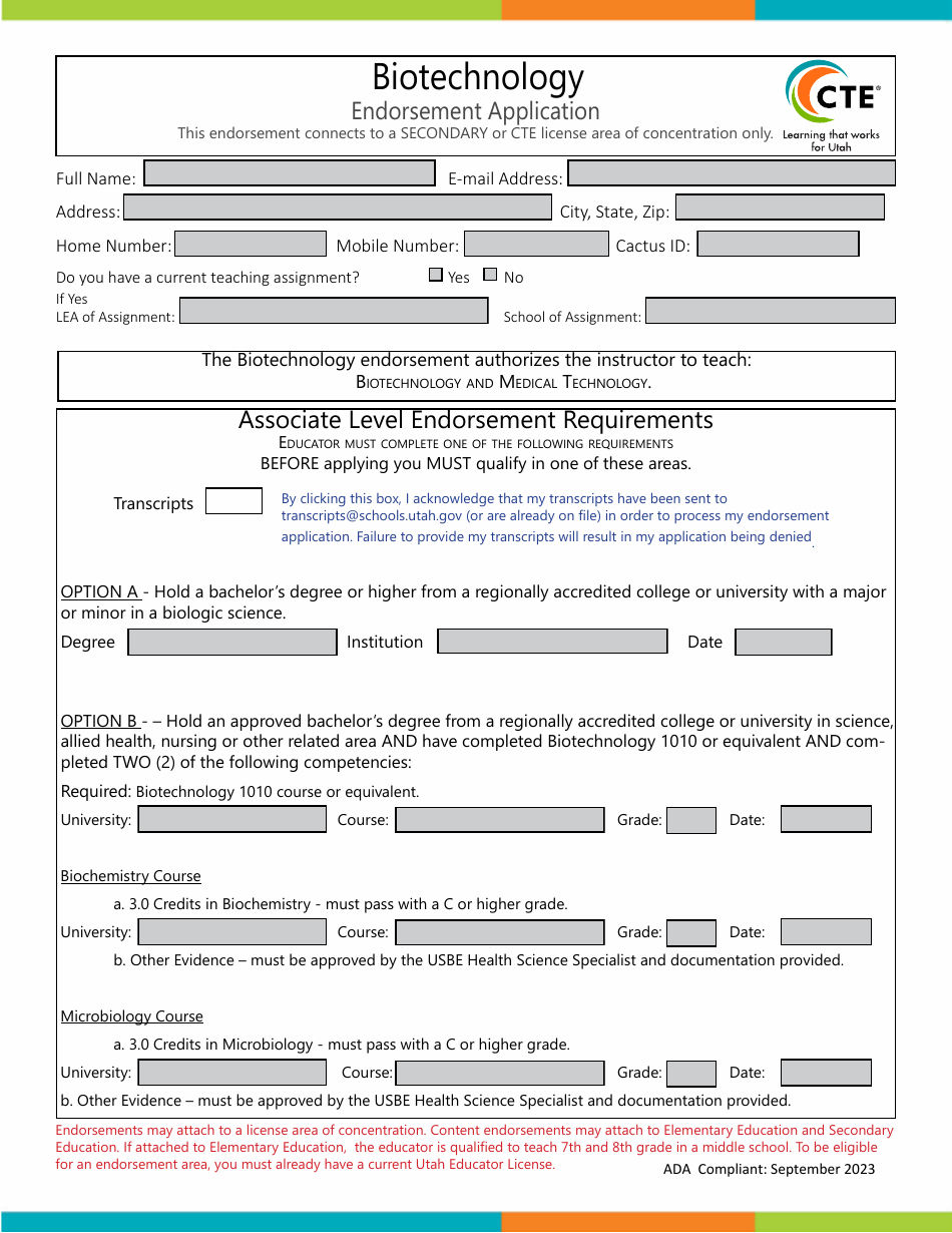 Biotechnology Endorsement Application - Utah, Page 1