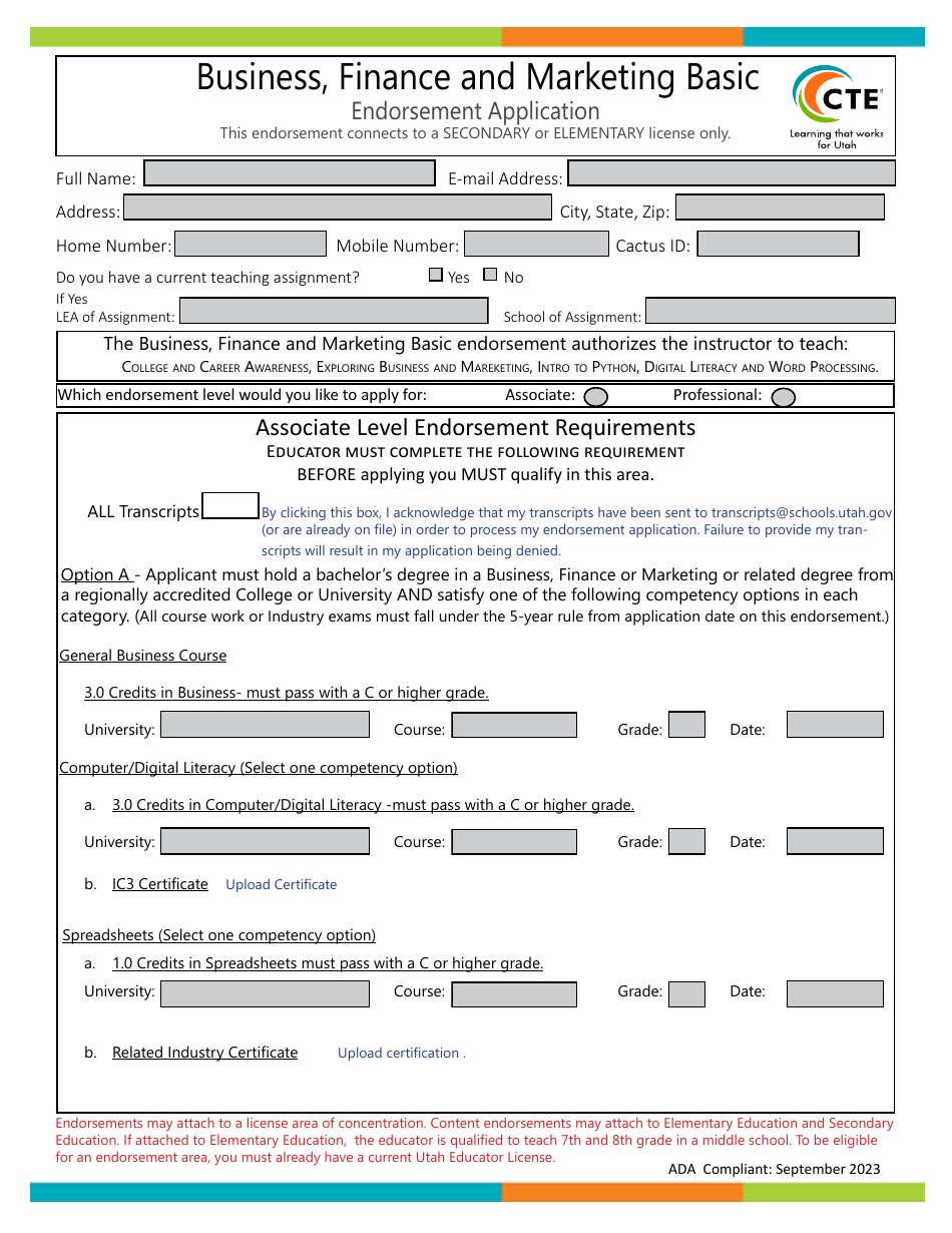 Business, Finance and Marketing Basic Endorsement Application - Utah, Page 1