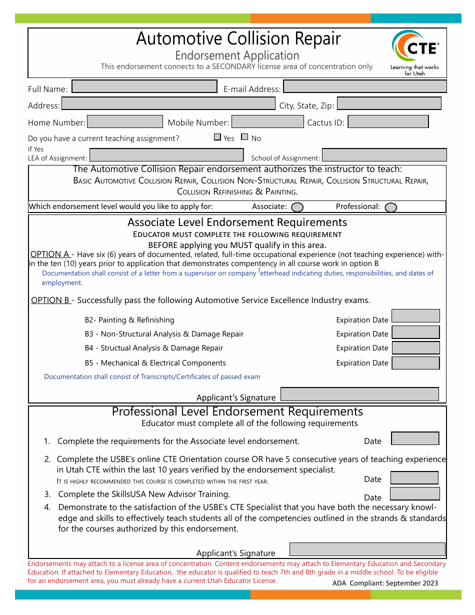 Automotive Collision Repair Endorsement Application - Utah, Page 1