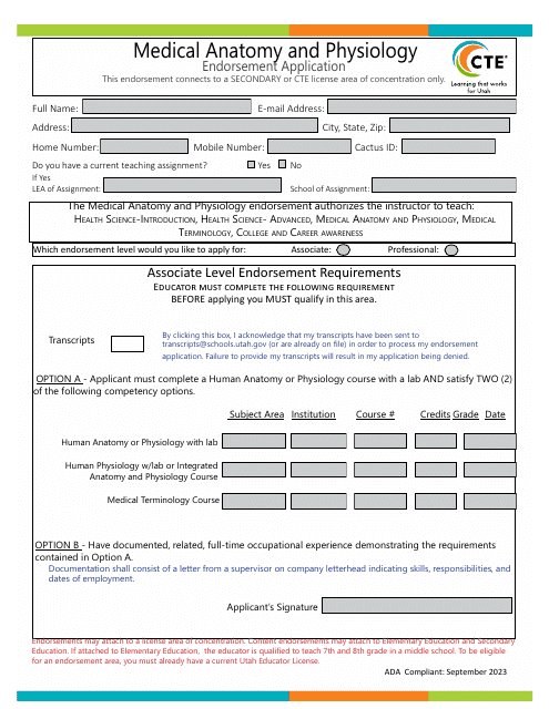 Medical Anatomy and Physiology Endorsement Application - Utah Download Pdf