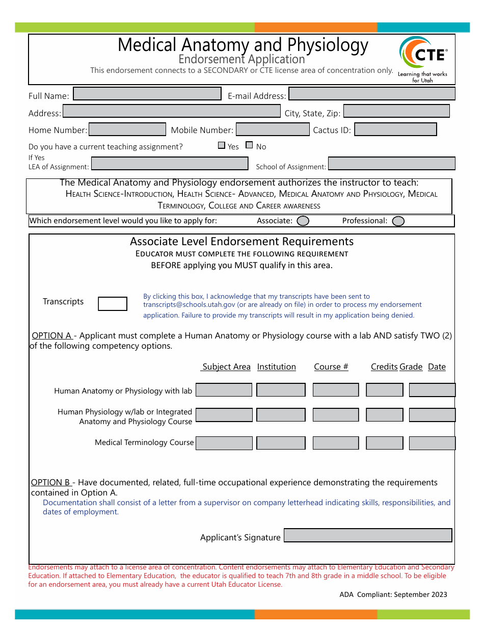 Medical Anatomy and Physiology Endorsement Application - Utah, Page 1
