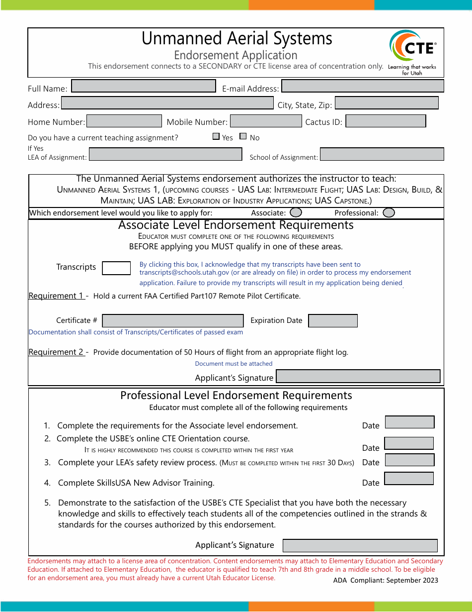 Unmanned Aerial Systems Endorsement Application - Utah, Page 1