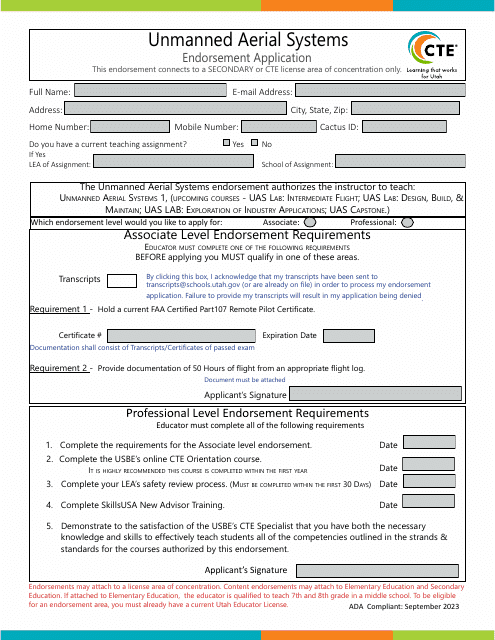 Unmanned Aerial Systems Endorsement Application - Utah Download Pdf