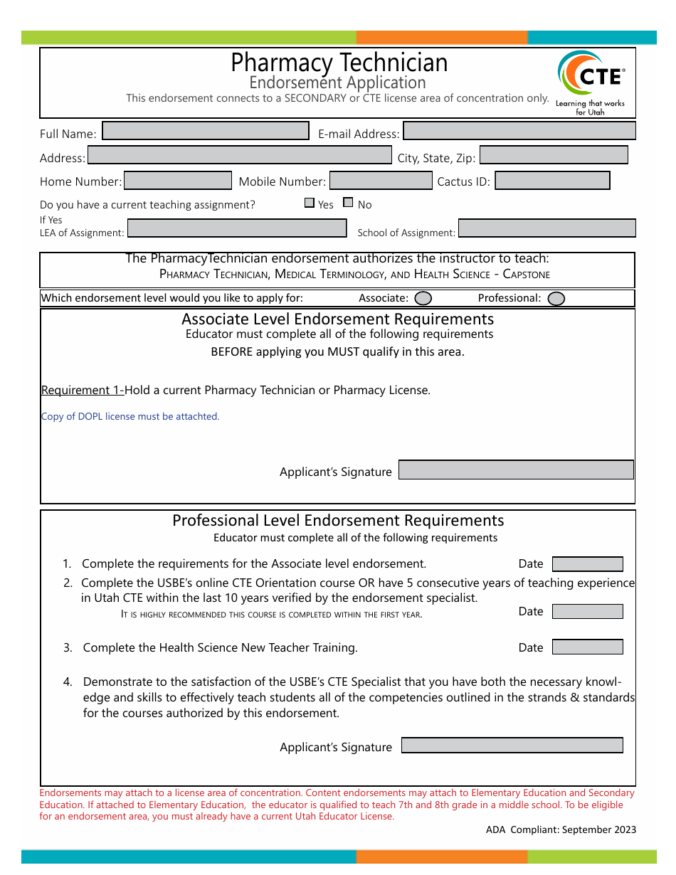 Pharmacy Technician Endorsement Application - Utah, Page 1